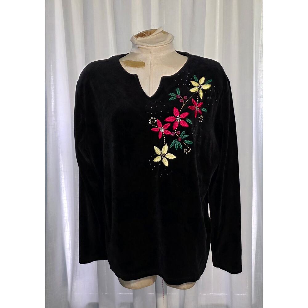Bechamel Black Floral Velour Christmas Pullover‎ Long Sleeve Top Size XL